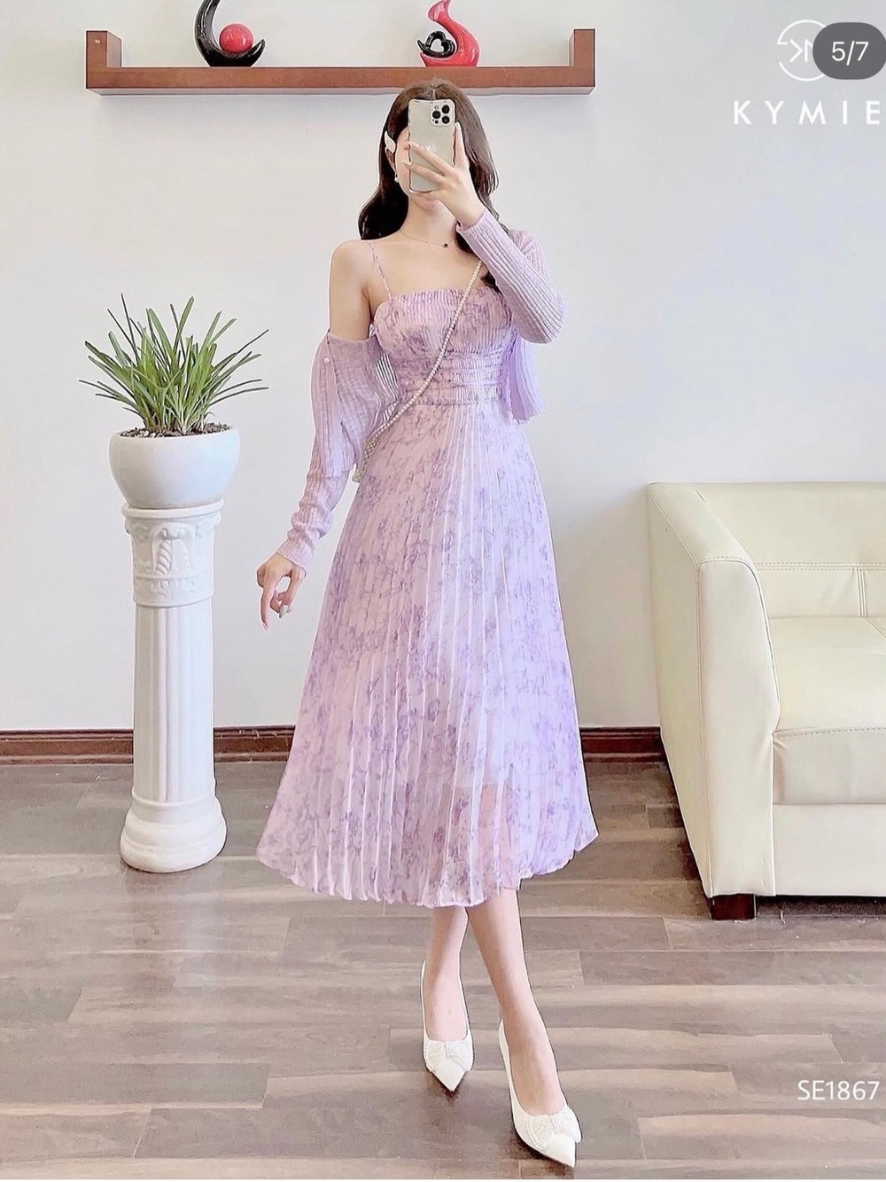 Lavender Floral Pleated Midi Dress